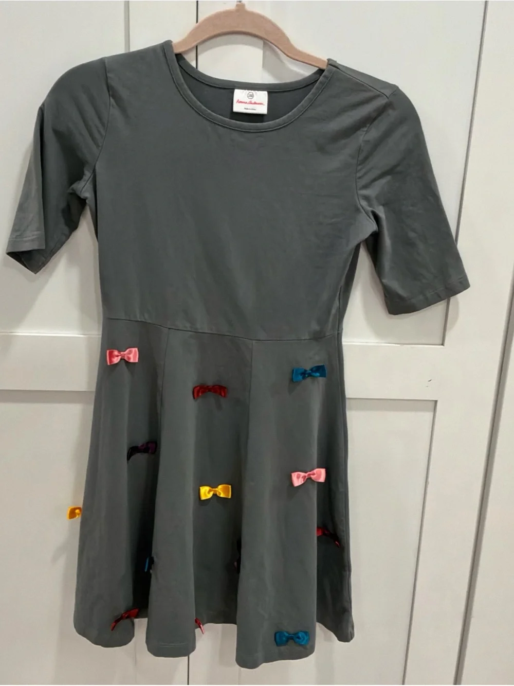 Hanna Andersson Grey Dress Girls Sz 150 (US 12) Colorful Satin Bows Dress